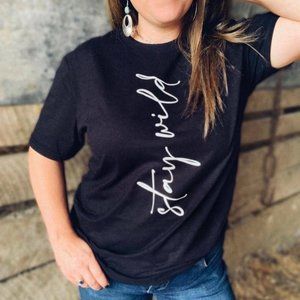 NWT "Stay Wild" Cursive Graphic Tee Black w/ White Lettering Medium